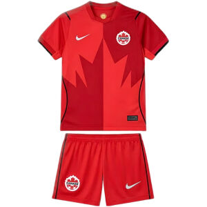 Kids Canada Home Kit 2026 youth soccer set front view with geometric maple leaf jersey and red shorts
