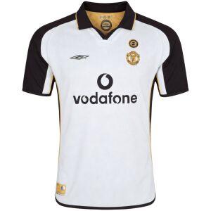 Mens Manchester United Retro Away Jersey 2001/02 front view in white with black sleeves and Vodafone sponsor