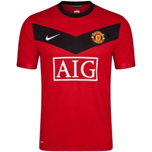 Mens Manchester United Retro Home Jersey 2009/10 front view in scarlet red with black chevron and AIG logo