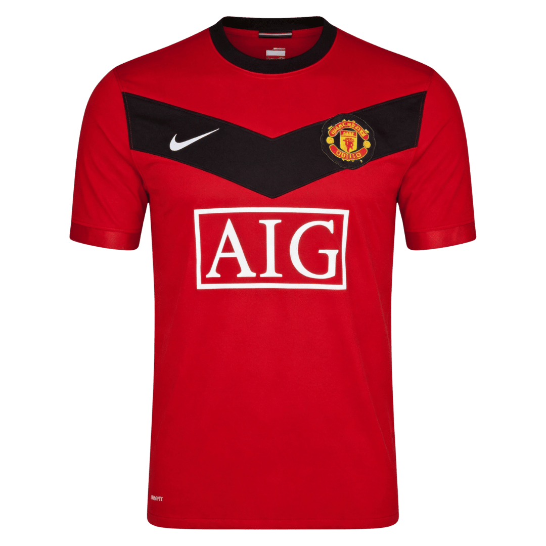 Mens Manchester United Retro Home Jersey 2009/10 Mens Manchester United Retro Home Jersey 2009/10 front view in scarlet red with black chevron and AIG logo