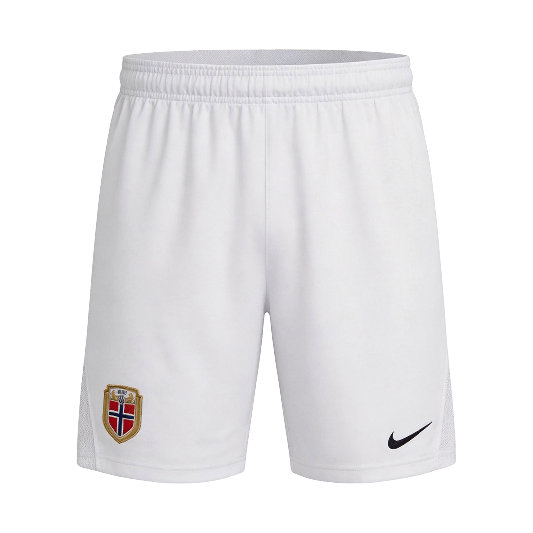 Mens Norway Home Shorts 2026 Mens Norway Home Shorts 2026 crisp white athletic shorts front view with NFF crest and Nike Swoosh
