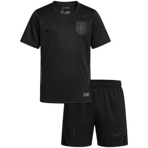 Front view of the Kids Norway Away Kit 2026 showcasing blackout stealth jersey, tonal Norway crest, and matching black shorts.