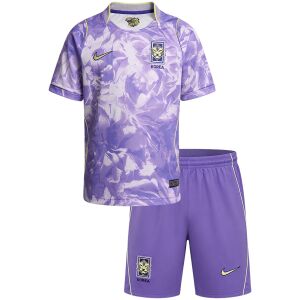 Kids South Korea Away Kit 2026 youth uniform set front view with lilac floral jersey and shorts