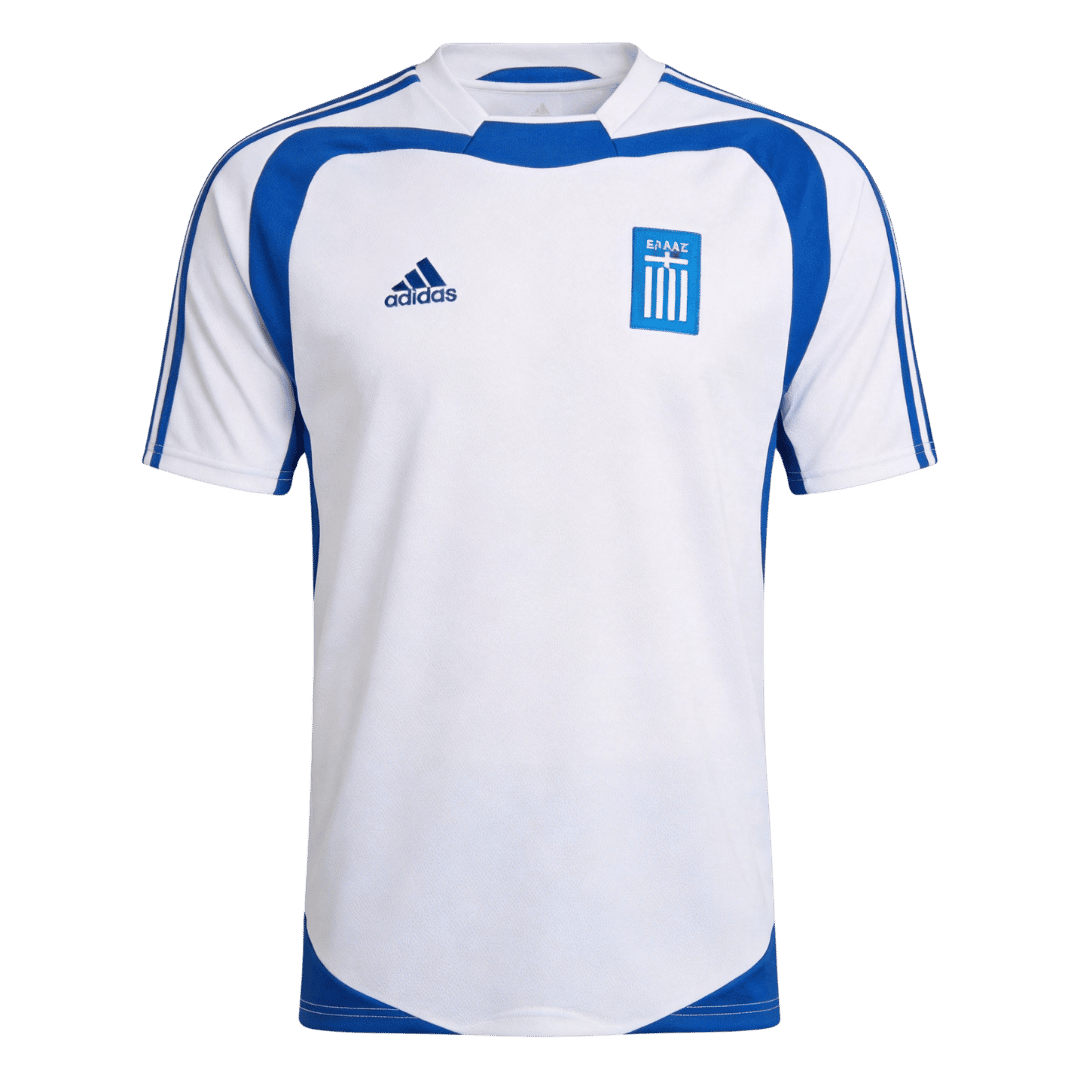 Mens Greece Retro Away Jersey 2004 Mens Greece Retro Away Jersey 2004 front view in white with royal blue panels and Hellas flag crest