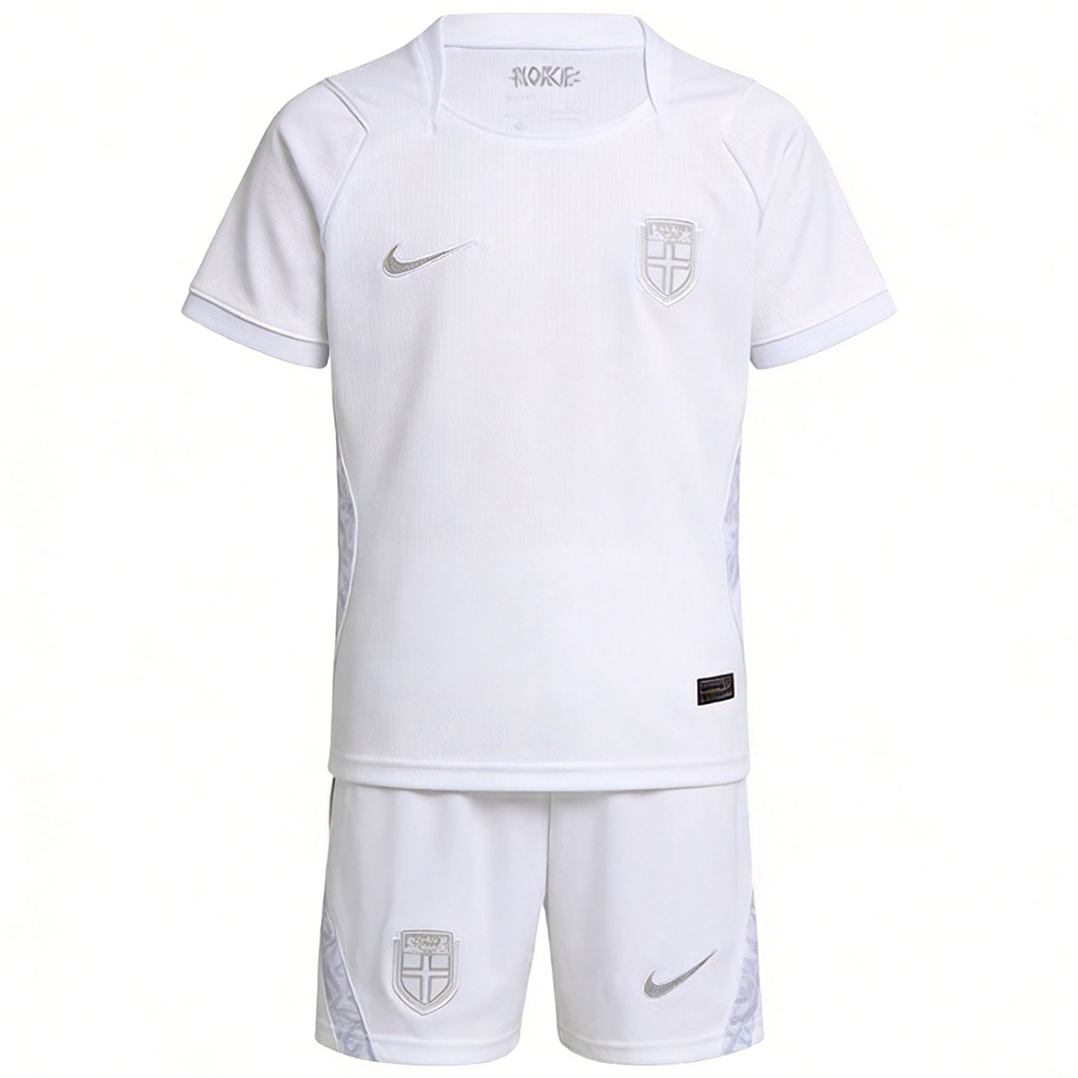 Kids Norway Third Kit 2026 Kids Norway Third Kit 2026 matching white shirt and shorts set front view with silver crest