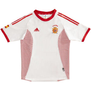Mens Spain Retro Away Jersey 2002 front view in white with red mesh side panels and crest