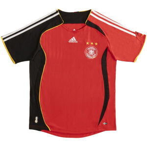 Mens Germany Retro Away Jersey 2006 front view in red with asymmetrical sleeves and DFB crest