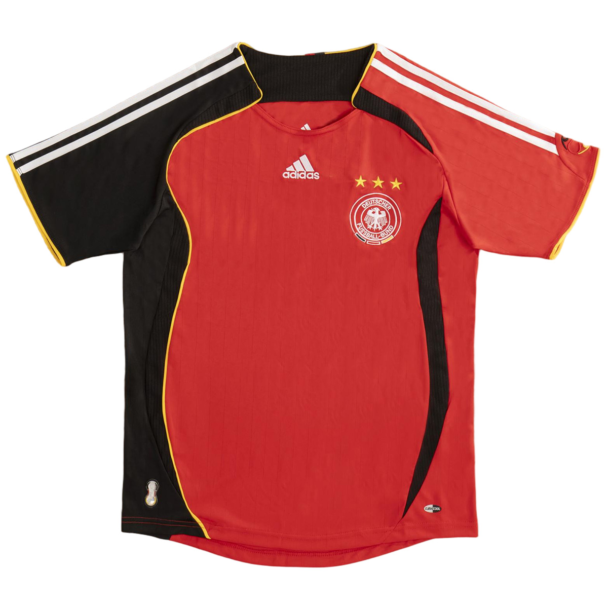 Mens Germany Retro Away Jersey 2006 Mens Germany Retro Away Jersey 2006 front view in red with asymmetrical sleeves and DFB crest
