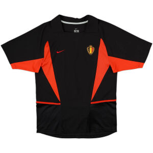 Mens Belgium Retro Away Jersey 2002 front view in black with red flank inserts and team crest