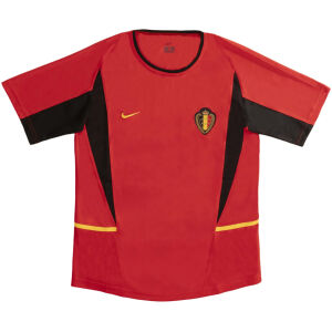 Mens Belgium Retro Home Jersey 2002 front view in red with black side panels and team crest