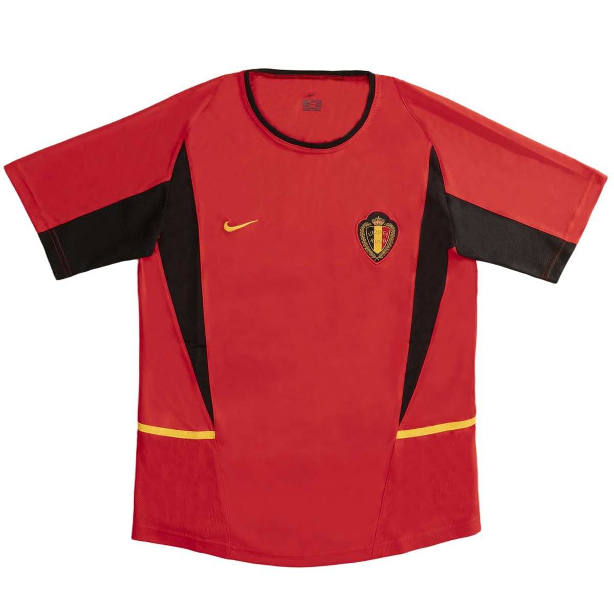 Mens Belgium Retro Home Jersey 2002 Mens Belgium Retro Home Jersey 2002 front view in red with black side panels and team crest