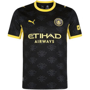 Mens Manchester City Away Jersey 2026/27 front view in black with Manchester worker bee pattern and yellow trim