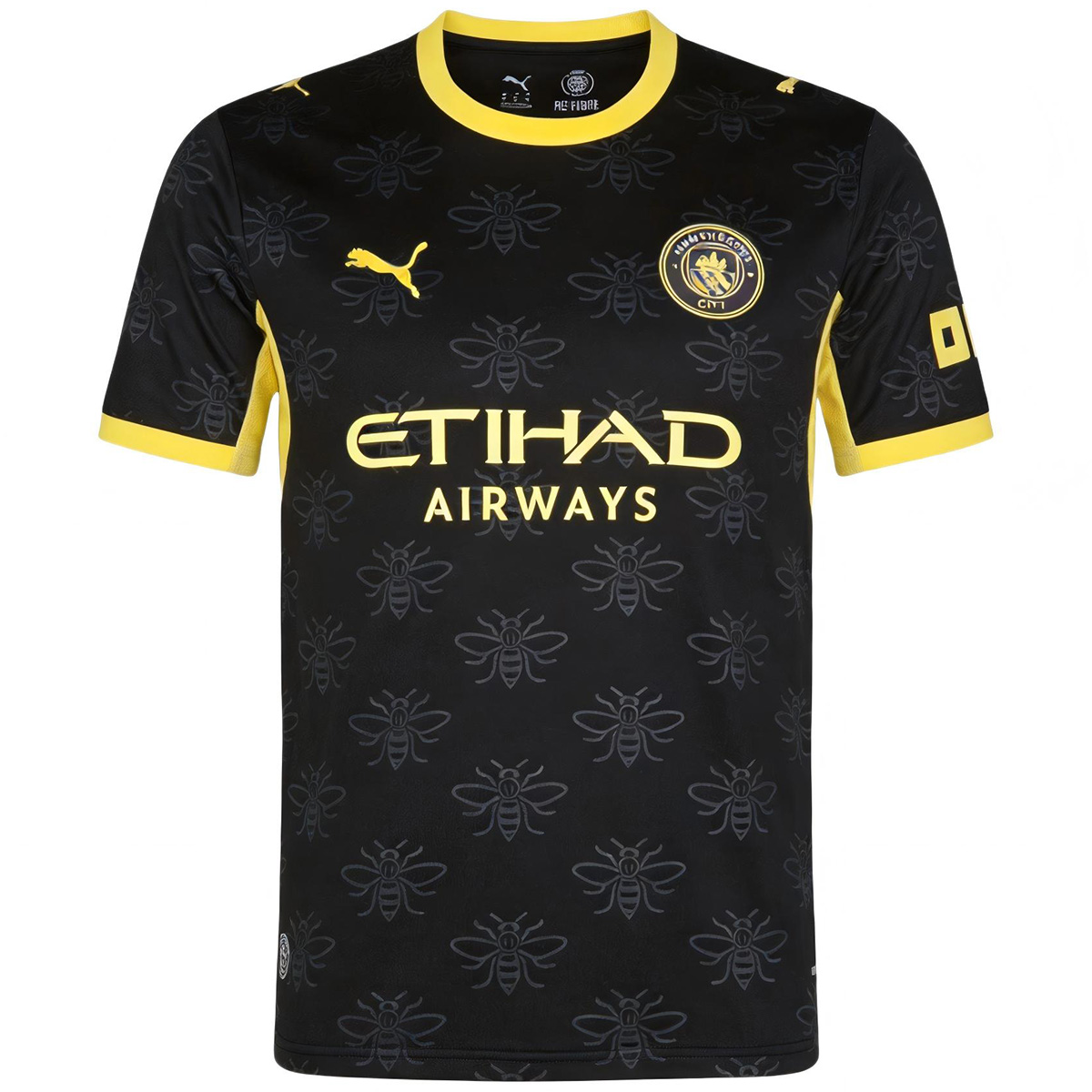 Mens Manchester City Away Jersey 2026/27 Mens Manchester City Away Jersey 2026/27 front view in black with Manchester worker bee pattern and yellow trim