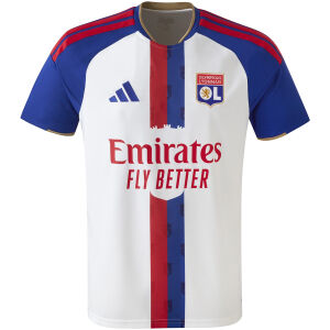 Mens Olympique Lyonnais Home Jersey 2026/27 Mens Olympique Lyonnais Home Jersey 2026/27 front view in white with blue sleeves and split center stripe