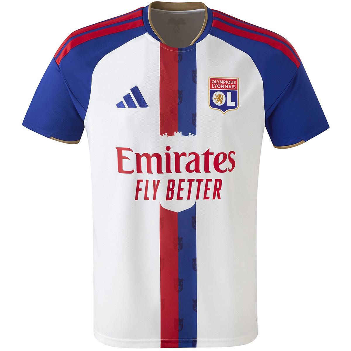 Mens Olympique Lyonnais Home Jersey 2026/27 Mens Olympique Lyonnais Home Jersey 2026/27 front view in white with blue sleeves and split center stripe
