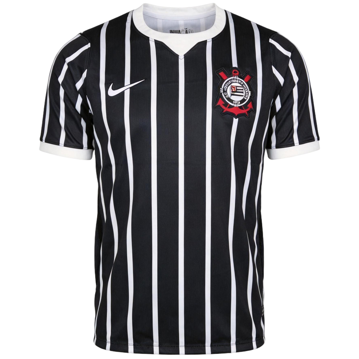 Mens Corinthians Away Jersey 2026 Mens Corinthians Away Jersey 2026 front view in black with white pinstripes and official club crest