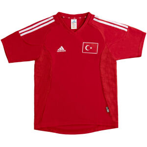 Mens Turkey Retro Home Jersey 2002 front view in crimson red with Turkish flag crest and side mesh panels