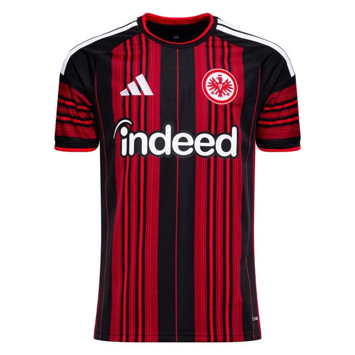 Mens Eintracht Frankfurt Home Jersey 2026/27 Mens Eintracht Frankfurt Home Jersey 2026/27 front view in black and red stripes with indeed sponsor