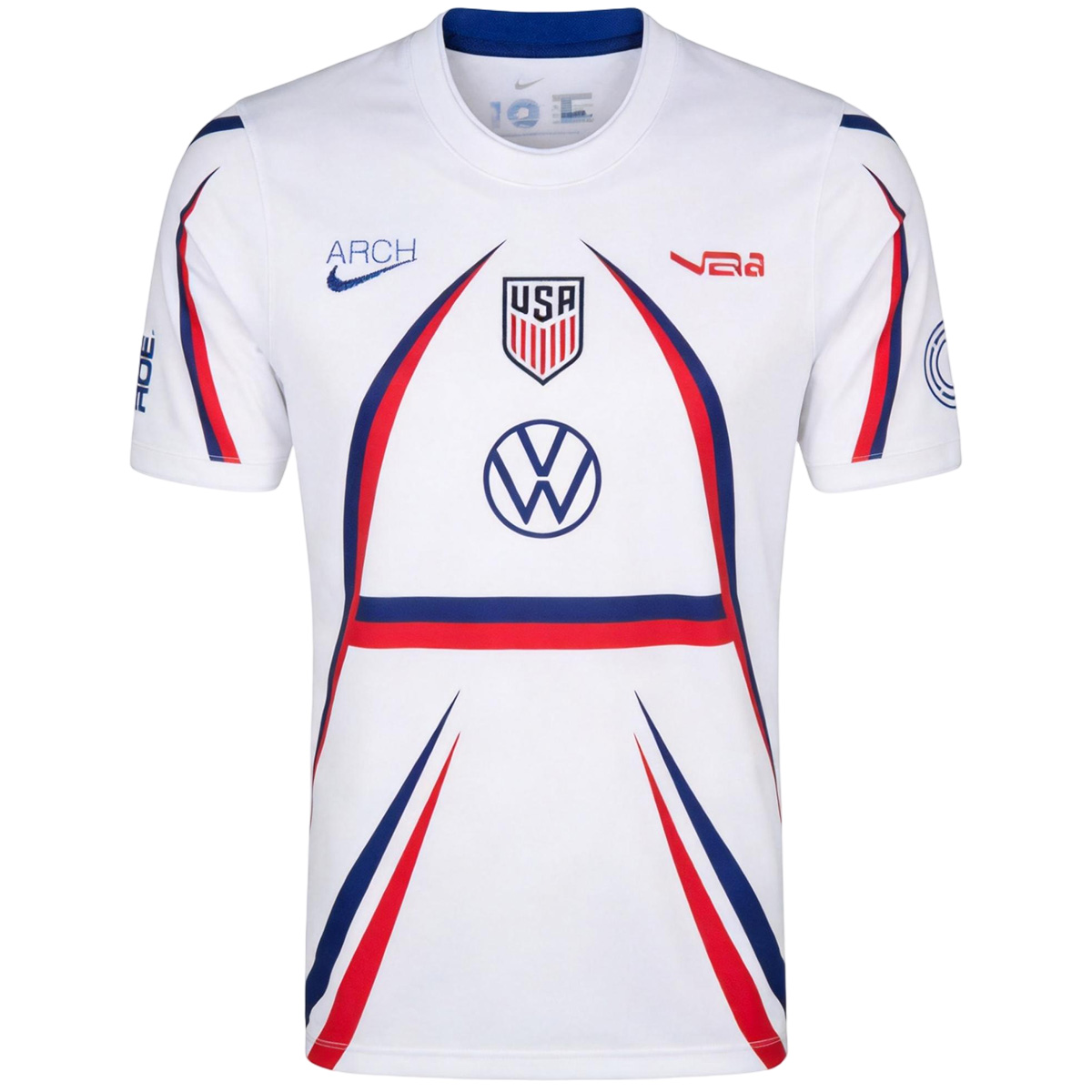 Mens USA Pre-Match Jersey 2026 Mens USA Pre-Match Jersey 2026 front view in white with red and navy arch graphics and Volkswagen logo