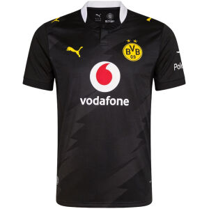 Mens Borussia Dortmund Away Jersey 2026/27 front view in black with lightning graphics and Vodafone sponsor