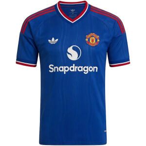 Mens Manchester United Away Jersey 2026/27 front view in royal blue with Trefoil logo and Snapdragon sponsor