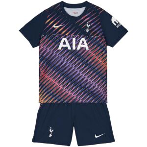 Kids Tottenham Hotspur Away Kit 2026/27 front view featuring graphic away jersey and navy shorts