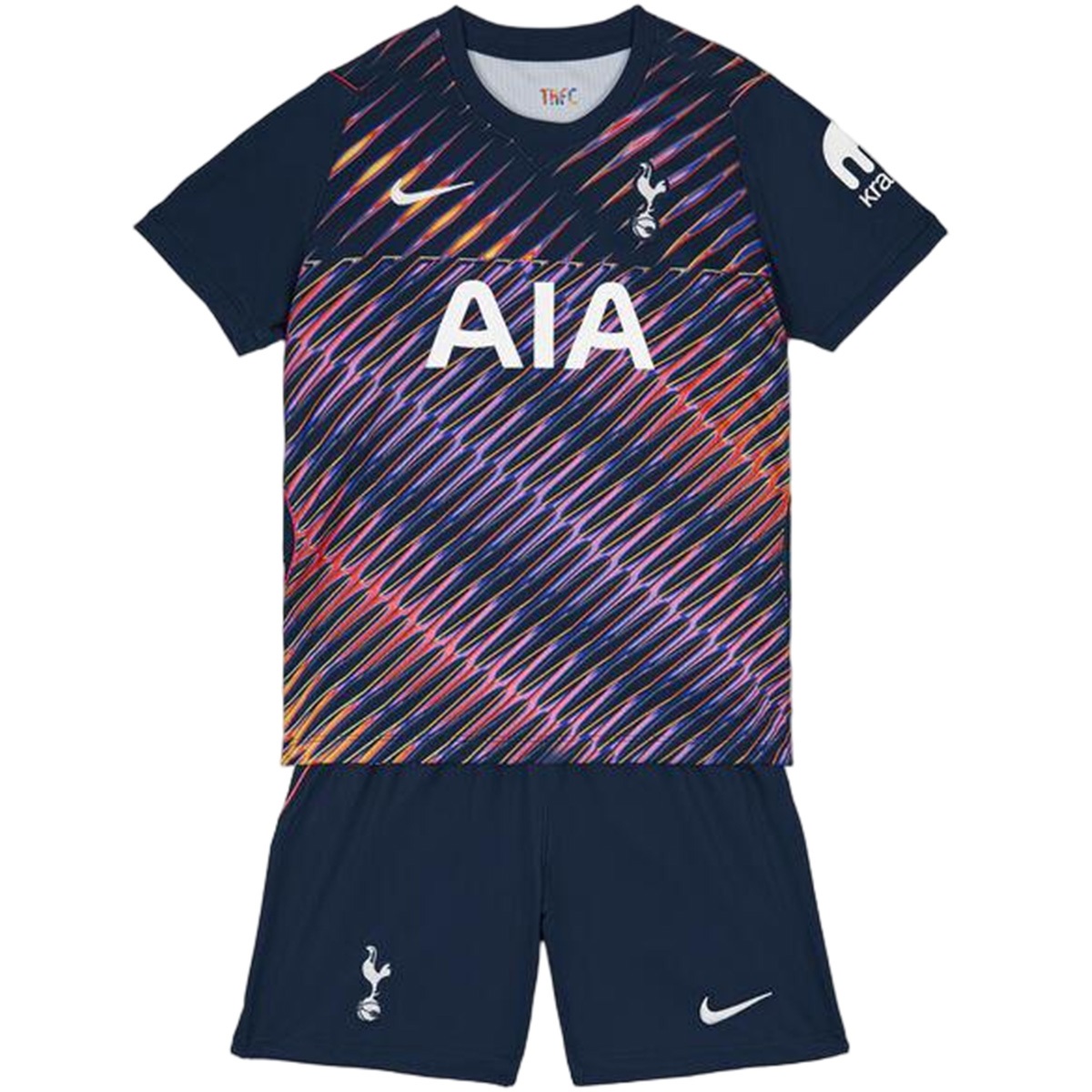 Kids Tottenham Hotspur Away Kit 2026/27 Kids Tottenham Hotspur Away Kit 2026/27 front view featuring graphic away jersey and navy shorts