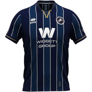 Mens Millwall Home Jersey 2026/27 front view in navy blue with white pinstripes and Wiggett Group sponsor
