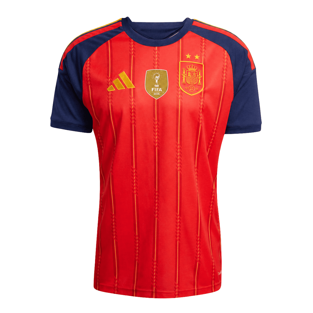 Mens Two Stars World Cup Spain Home Jersey 2026 Mens Two Stars World Cup Spain Home Jersey 2026 front view in red and navy with two-star crest and FIFA patch