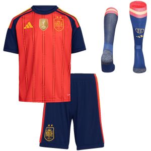 Mens World Cup Two Stars Spain Champion Uniform Home Kit 2026 complete uniform set front view with red shirt, navy shorts, and socks