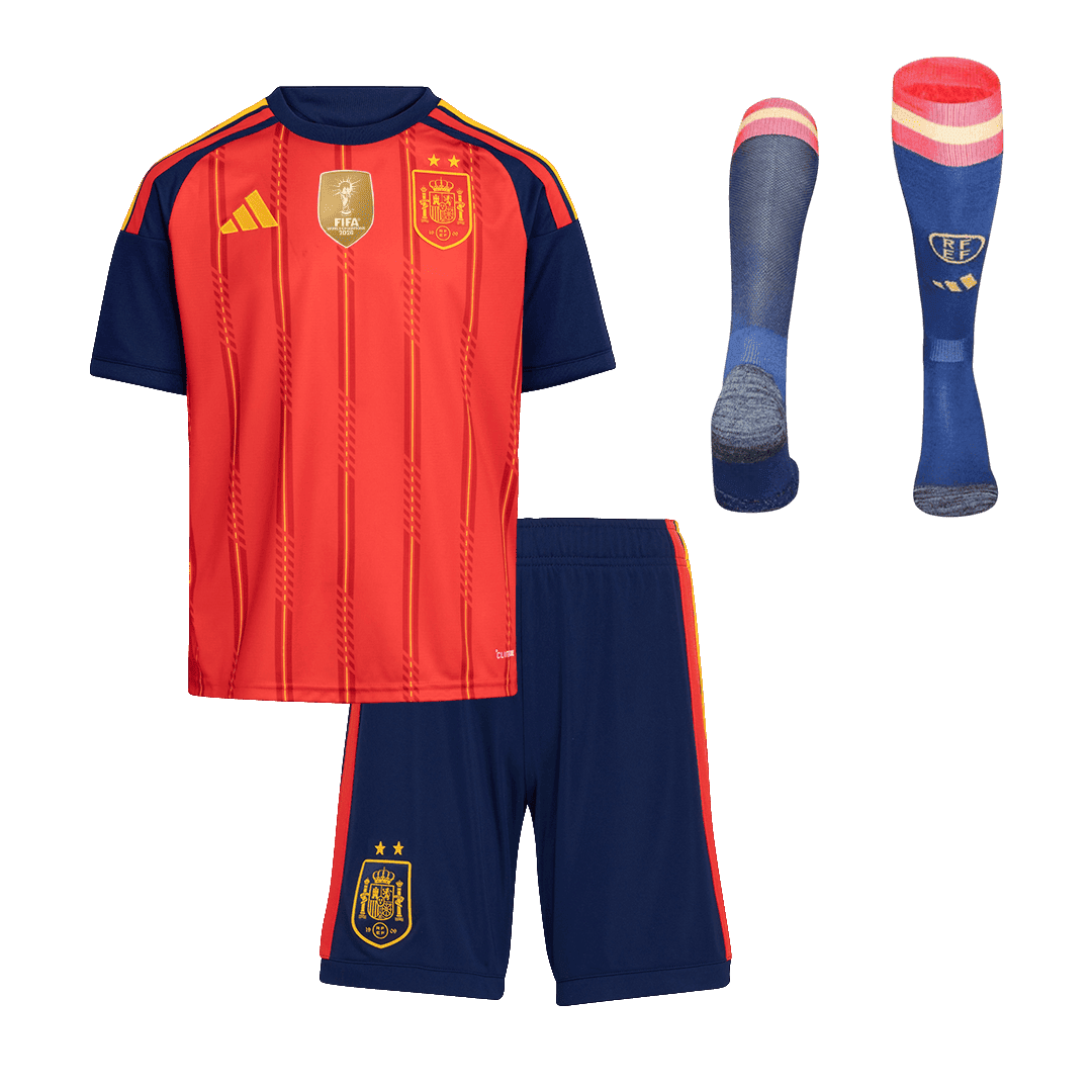 Mens World Cup Two Stars Spain Champion Uniform Home Kit 2026 Mens World Cup Two Stars Spain Champion Uniform Home Kit 2026 complete uniform set front view with red shirt, navy shorts, and socks