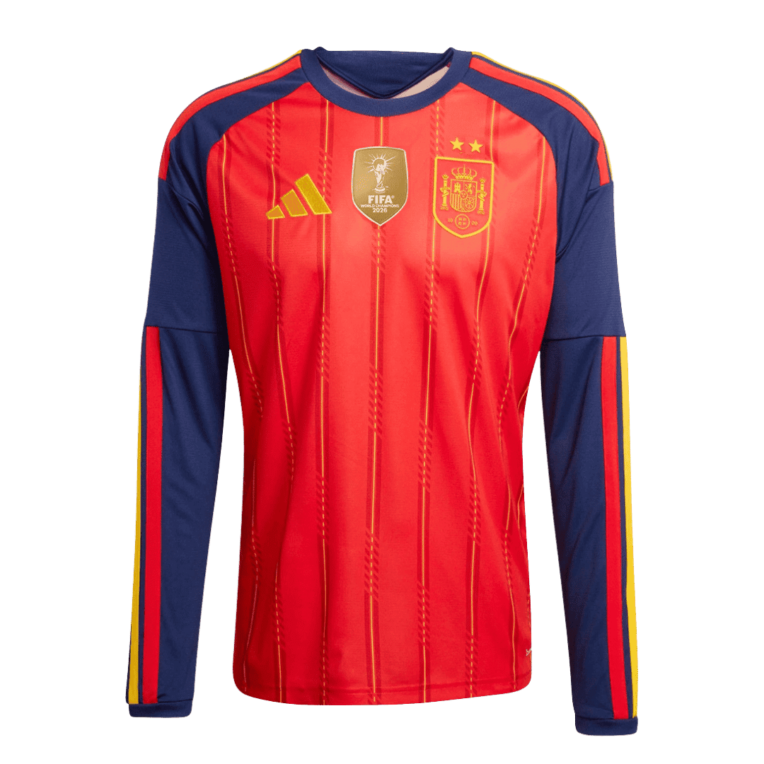 Mens World Cup Spain Two Stars Champion Long Sleeve Home Jersey 2026 Mens World Cup Spain Two Stars Champion Long Sleeve Home Jersey 2026 red and navy shirt front view with two-star crest and FIFA badge