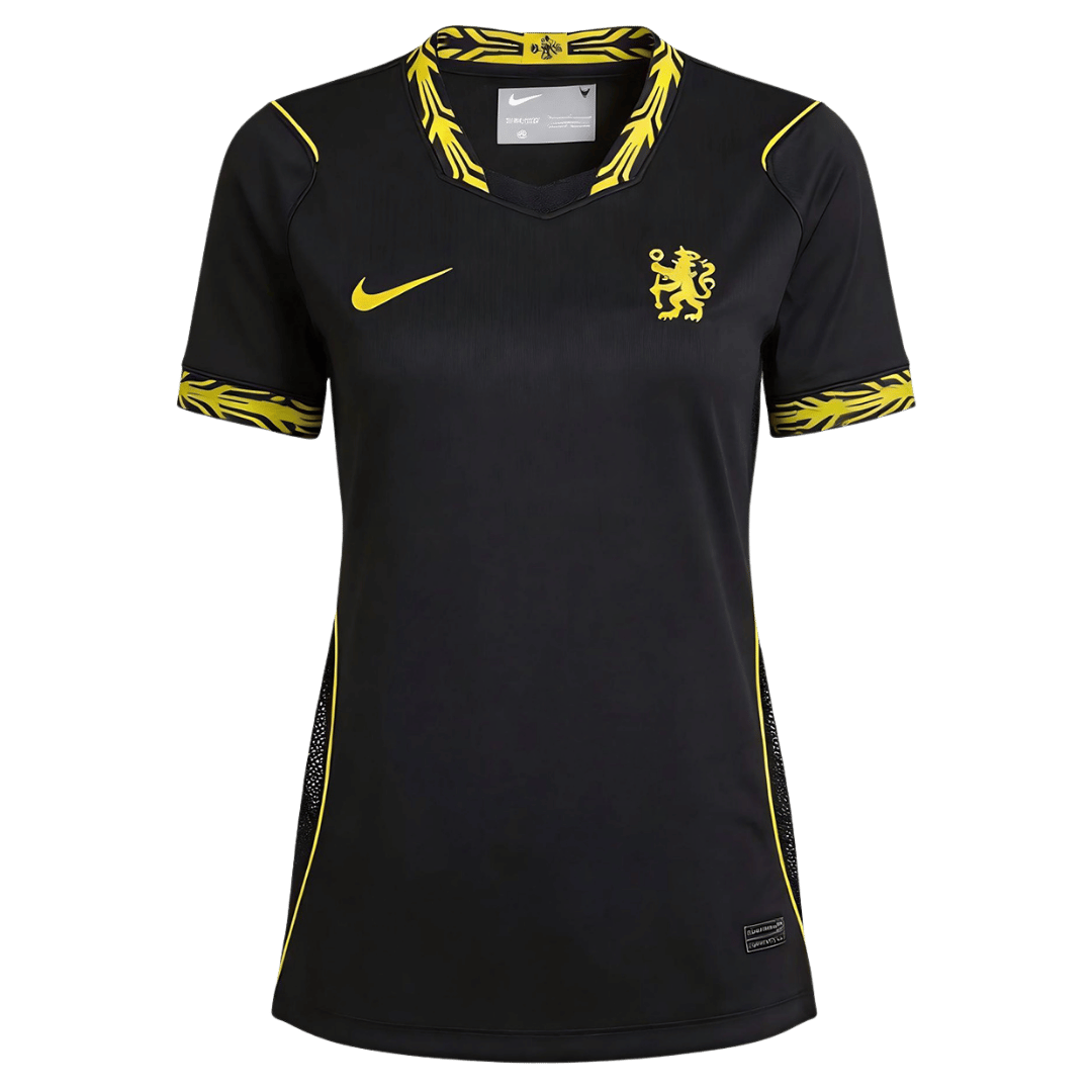 Womens Chelsea Away Jersey 2026/27 Womens Chelsea Away Jersey 2026/27 black shirt front view with cyber yellow patterned collar and yellow Chelsea lion crest