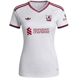 Womens Liverpool Away Jersey 2026/27 off-white shirt front view with maroon trim and retro Liverpool FC shield crest