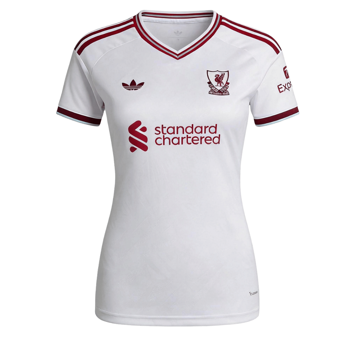 Womens Liverpool Away Jersey 2026/27 Womens Liverpool Away Jersey 2026/27 off-white shirt front view with maroon trim and retro Liverpool FC shield crest