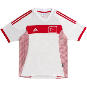 Mens Turkey Retro Away Jersey 2002 white shirt front view showing red chest band and Turkish flag crest