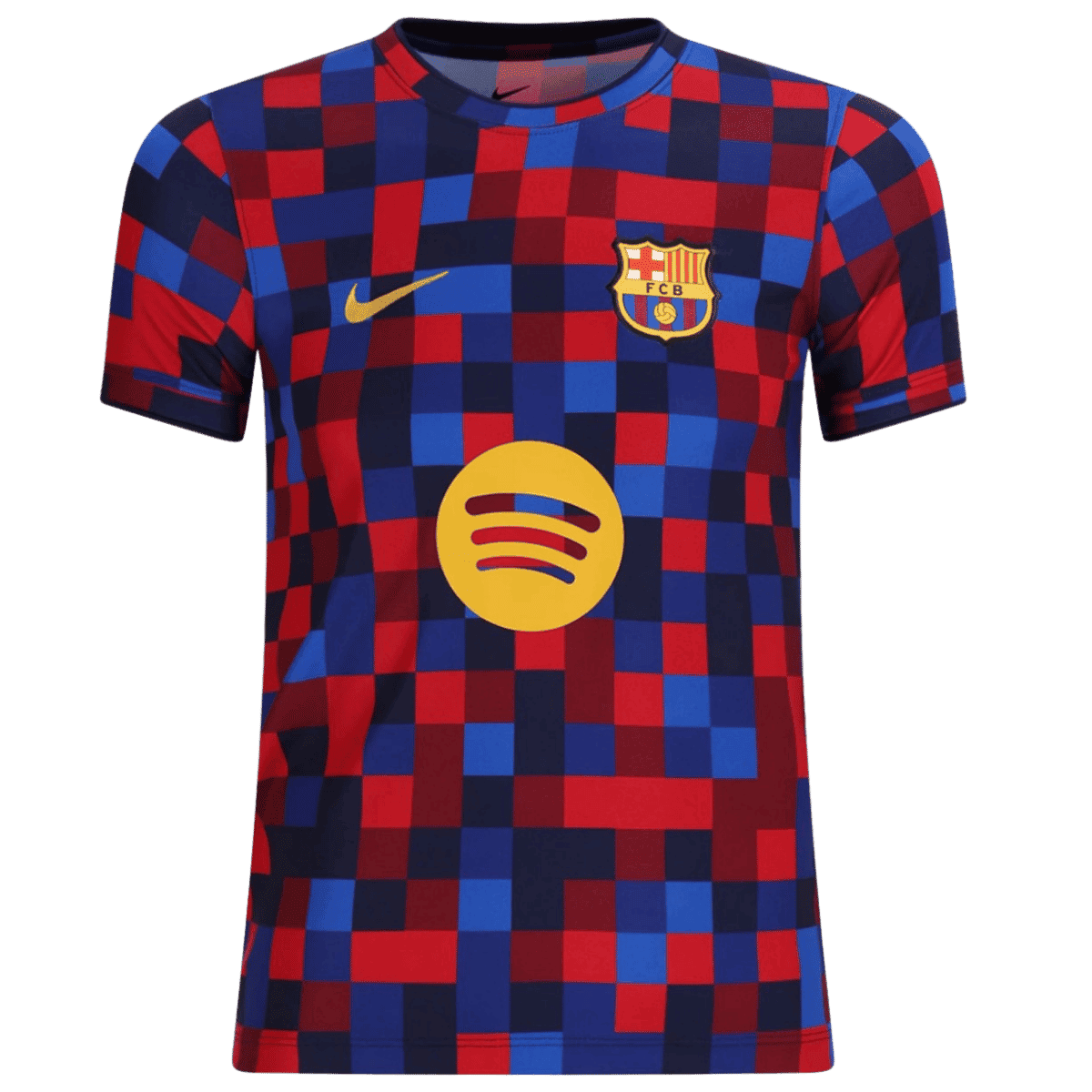 Mens Barcelona Pre-Match Jersey 2026/27 Mens Barcelona Pre-Match Jersey 2026/27 front view with Blaugrana pixel mosaic and Spotify logo