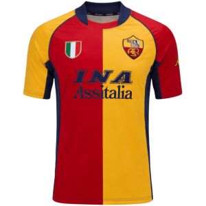 Mens Roma Retro Third Jersey 2001/02 red and yellow half-and-half shirt front view with Scudetto shield