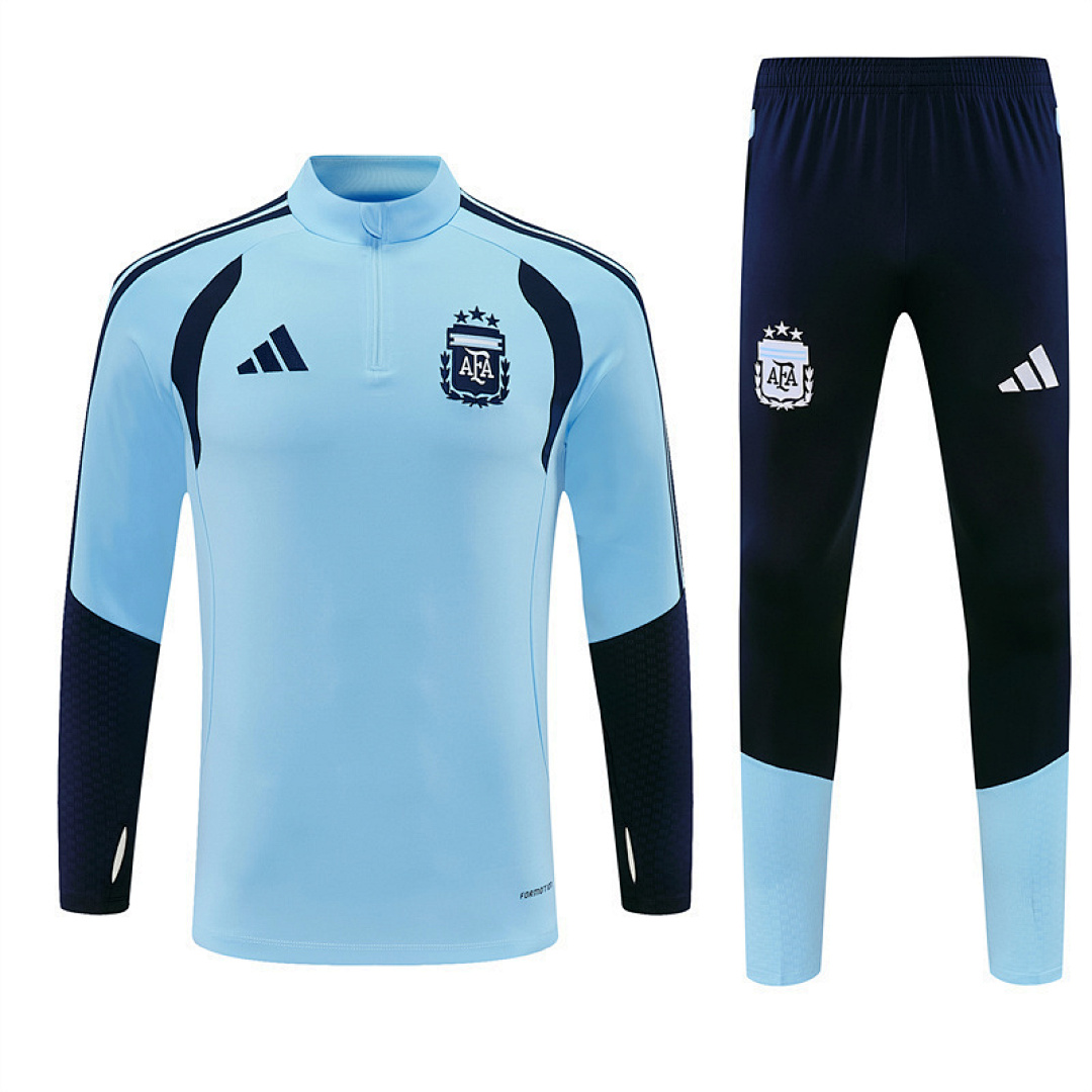 Mens Argentina Half-zip Light Blue Training Kit Suit 2026 Mens Argentina Half-zip Light Blue Training Kit Suit 2026 sky blue top and navy pants front view