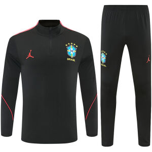 Mens Brazil Jordan Collaboration Half-zip Black/Orange Training Kit Suit 2026 black top and pants front view