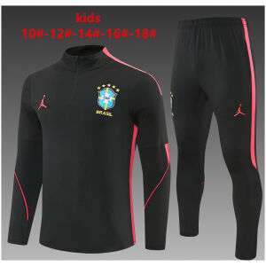 Kids Brazil Jordan Collaboration Half-zip Black/Orange Training Kit Suit 2026 black top and pants front view