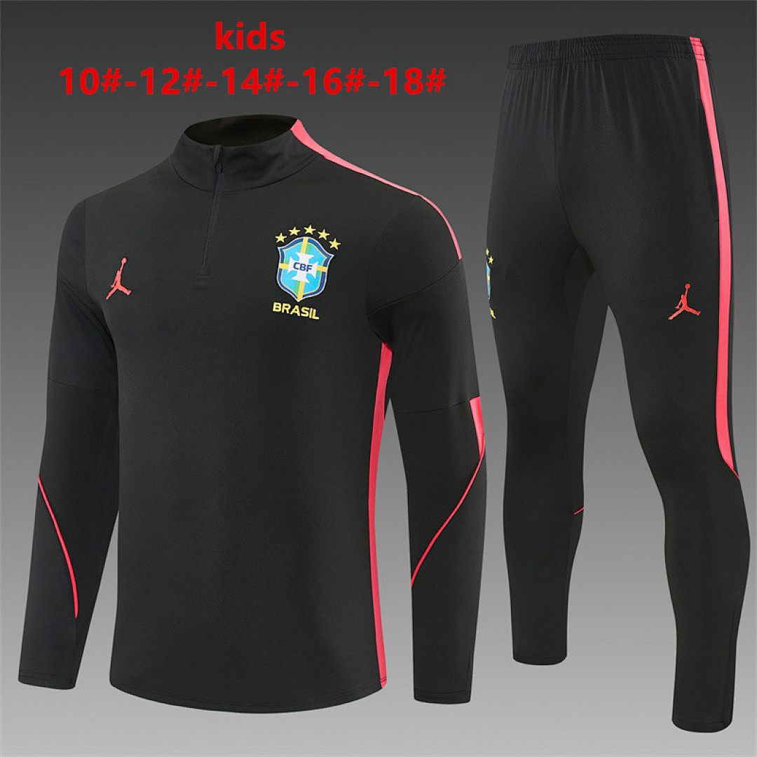 Kids Brazil Jordan Collaboration Half-zip Black/Orange Training Kit Suit 2026 Kids Brazil Jordan Collaboration Half-zip Black/Orange Training Kit Suit 2026 black top and pants front view