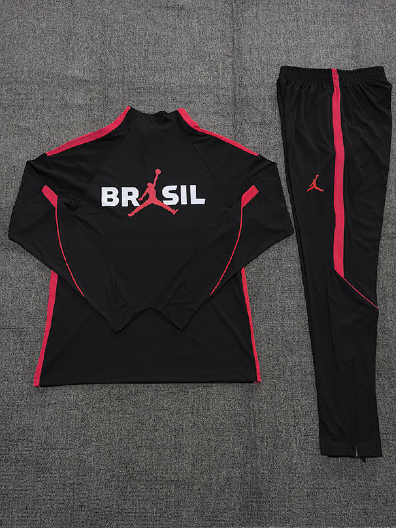Kids Brazil Jordan Collaboration Half-zip Black/Orange Training Kit Suit 2026 Kids Brazil Jordan Collaboration Half-zip Black/Orange Training Kit Suit 2026 rear view of shirt and shorts
