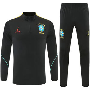 Mens Brazil Jordan Collaboration Half-zip Black/Yellow Training Kit Suit 2026 black top and black pants front view