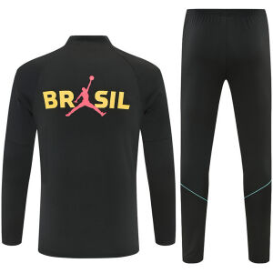 Mens Brazil Jordan Collaboration Half-zip Black/Yellow Training Kit Suit 2026 rear view of shirt and shorts