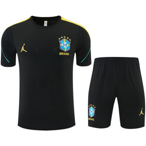 Mens Brazil Jordan Collaboration Black/Yellow Training Kit 2026 Mens Brazil Jordan Collaboration Black/Yellow Training Kit Kit 2026 black shirt and shorts front view