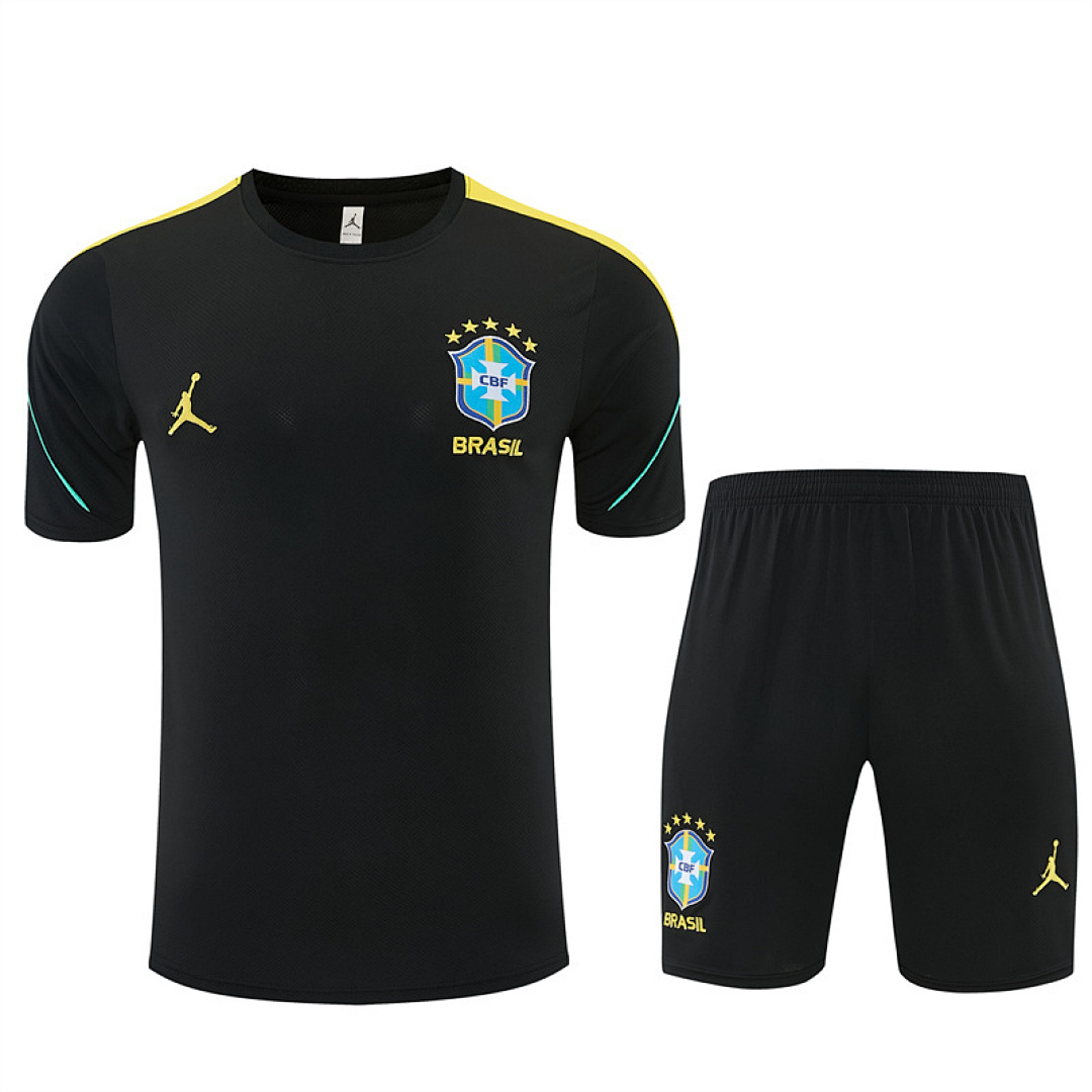 Mens Brazil Jordan Collaboration Black/Yellow Training Kit 2026 Mens Brazil Jordan Collaboration Black/Yellow Training Kit Kit 2026 black shirt and shorts front view