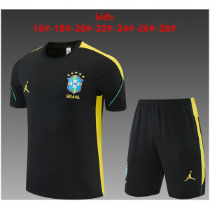 Kids Brazil Jordan Collaboration Black/Yellow Training Kit 2026 Kids Brazil Jordan Collaboration Black/Yellow Training Kit Kit 2026 black shirt and shorts front view