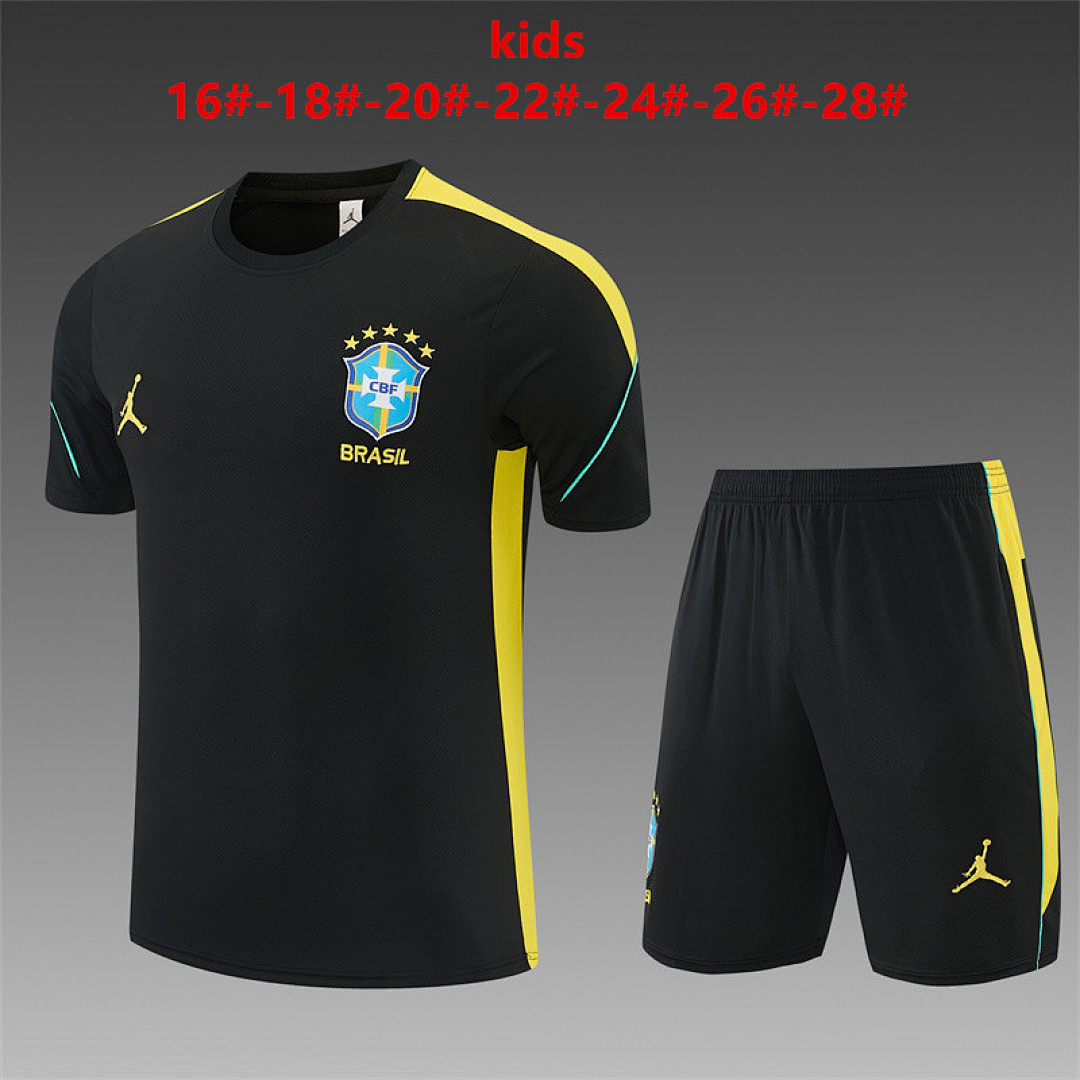 Kids Brazil Jordan Collaboration Black/Yellow Training Kit 2026 Kids Brazil Jordan Collaboration Black/Yellow Training Kit Kit 2026 black shirt and shorts front view