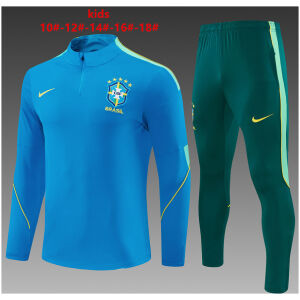 Kids Brazil Half-zip Light Blue Training Kit Suit 2026 Kids Brazil Half-zip Light Blue Training Kit Suit 2026 light blue top and dark green pants front view